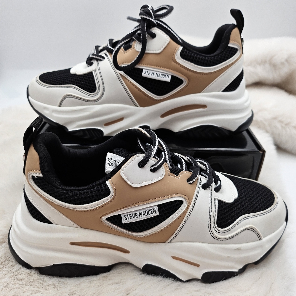 steve madden possession‎ sneakers Black & Tan Chunky Heel Tiktok Viral Size 6.5